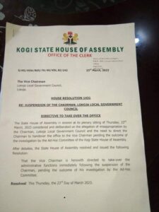 RE: SUSPENSION OF THE CHAIRMAN, LOKOJA LOCAL GOVERNMENT COUNCIL